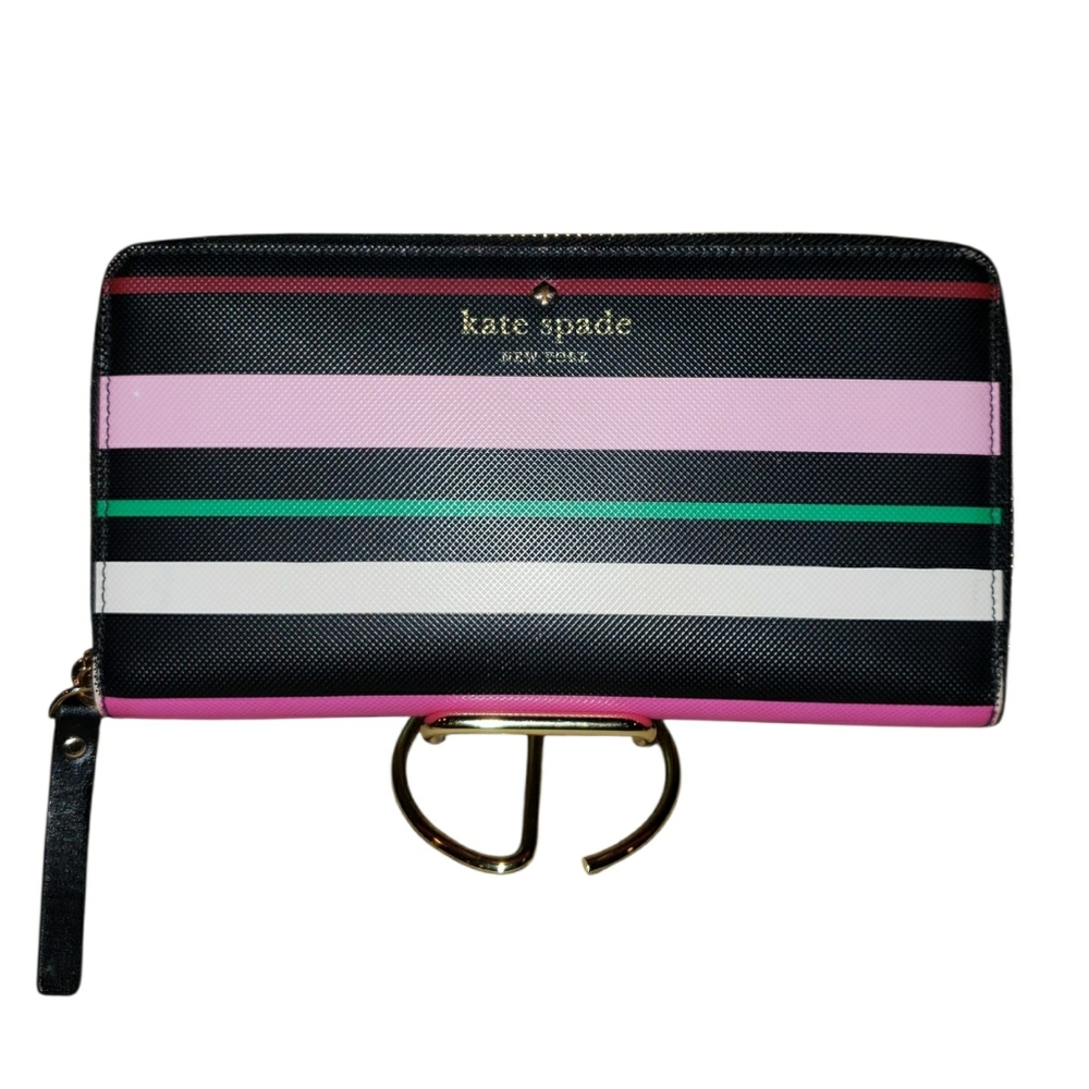Kate Spade Black Pink Green White Harding Street Striped Zip-Around Wallet EUC - Picture 7 of 8